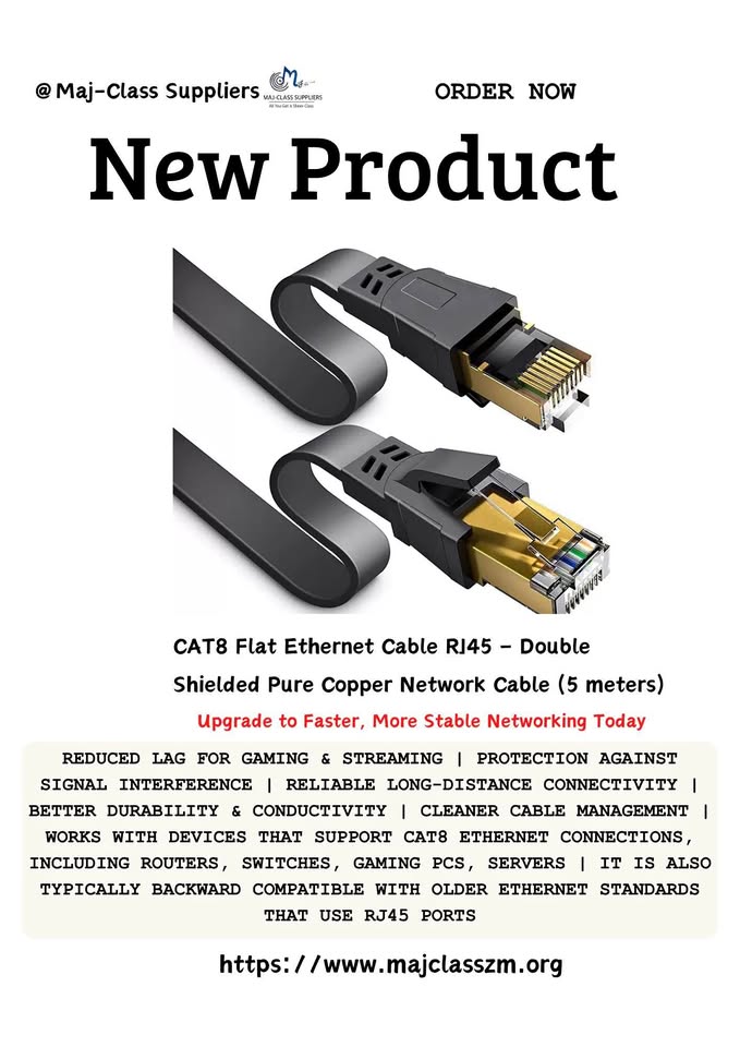 CAT8 flat Ethernet cable RJ45 5 meter double shielded pure copper network cable for stable high-speed internet in Lusaka Zambia
