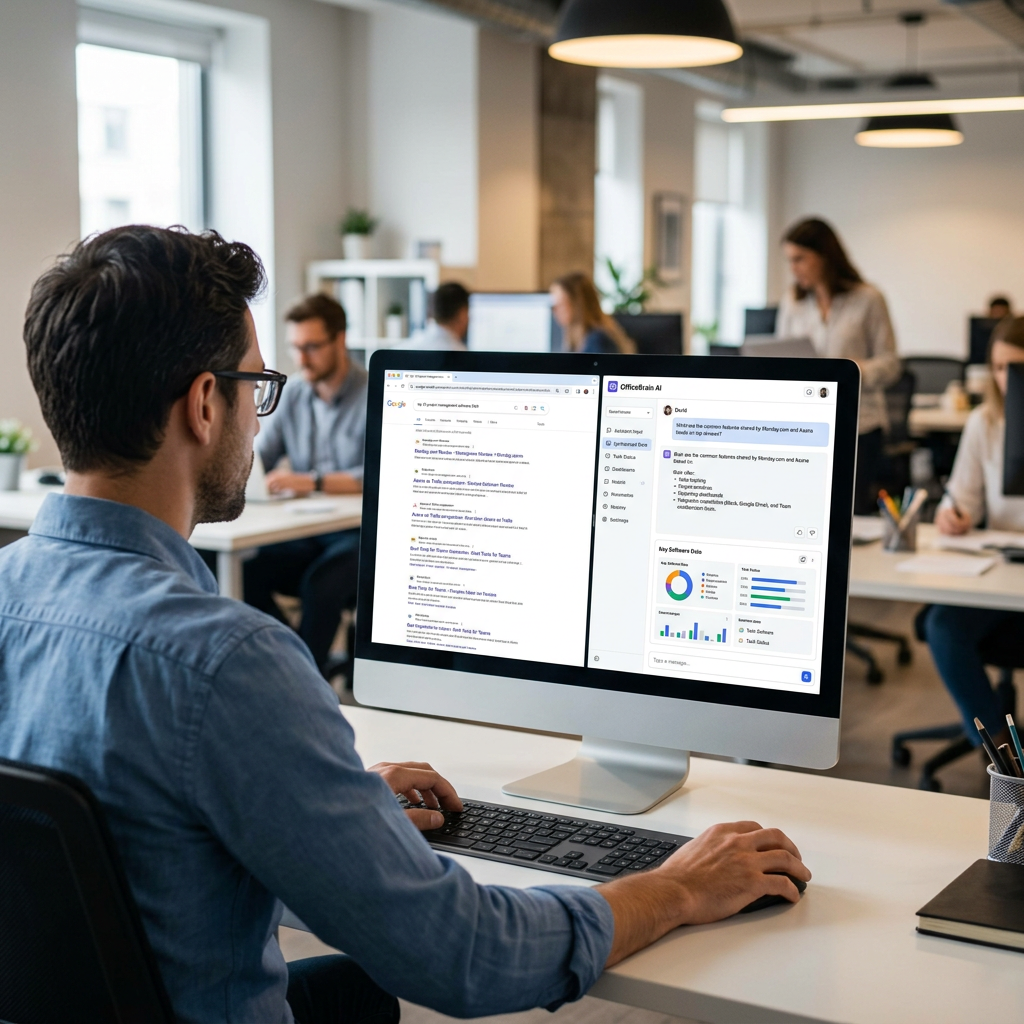 Man using desktop computer showing search engine results and data analytics dashboard in open office