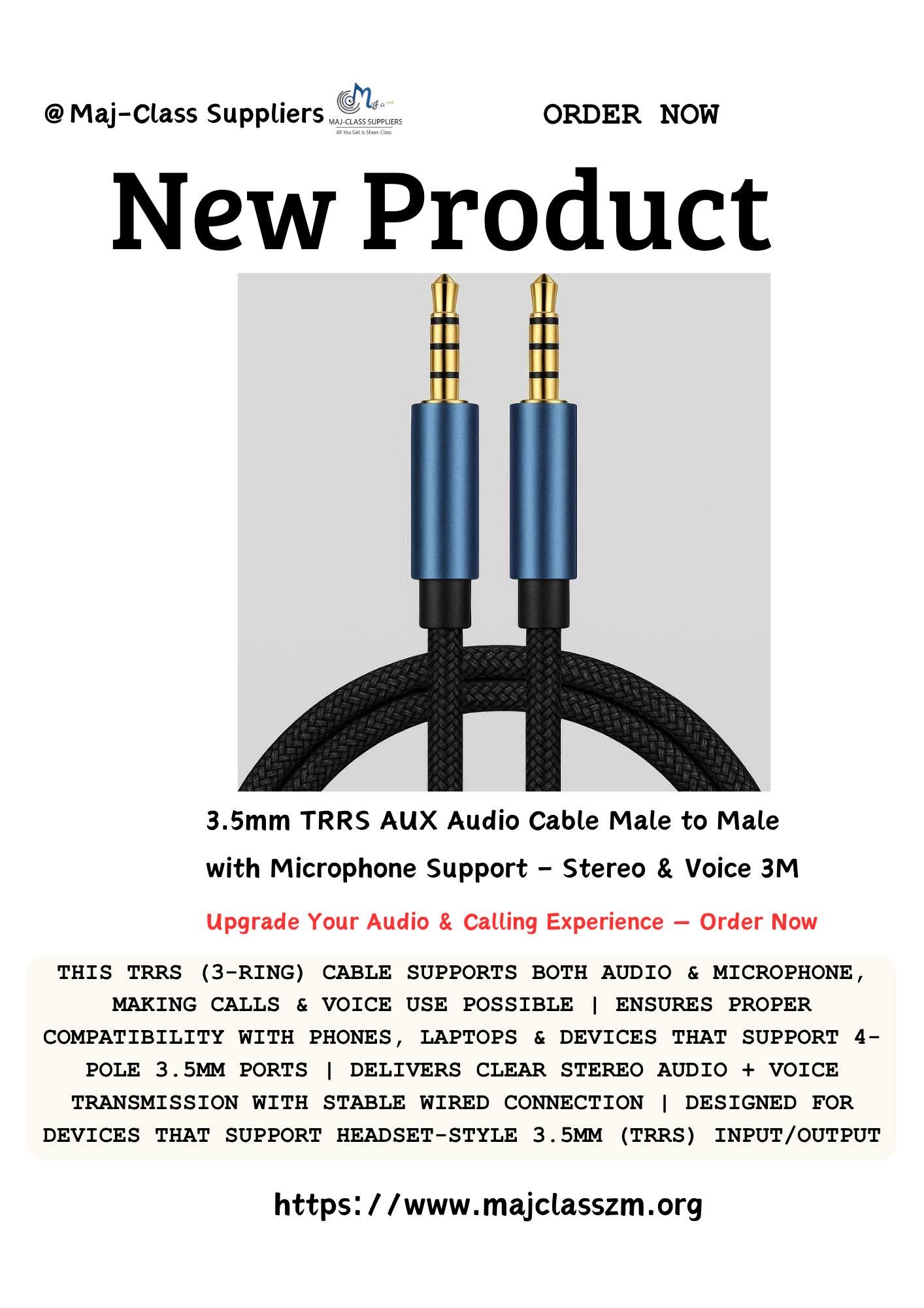 3.5mm TRRS AUX cable 3m male to male with 3 black rings supporting microphone and stereo audio for headsets, calls, gaming, and multimedia use in Lusaka, Zambia.