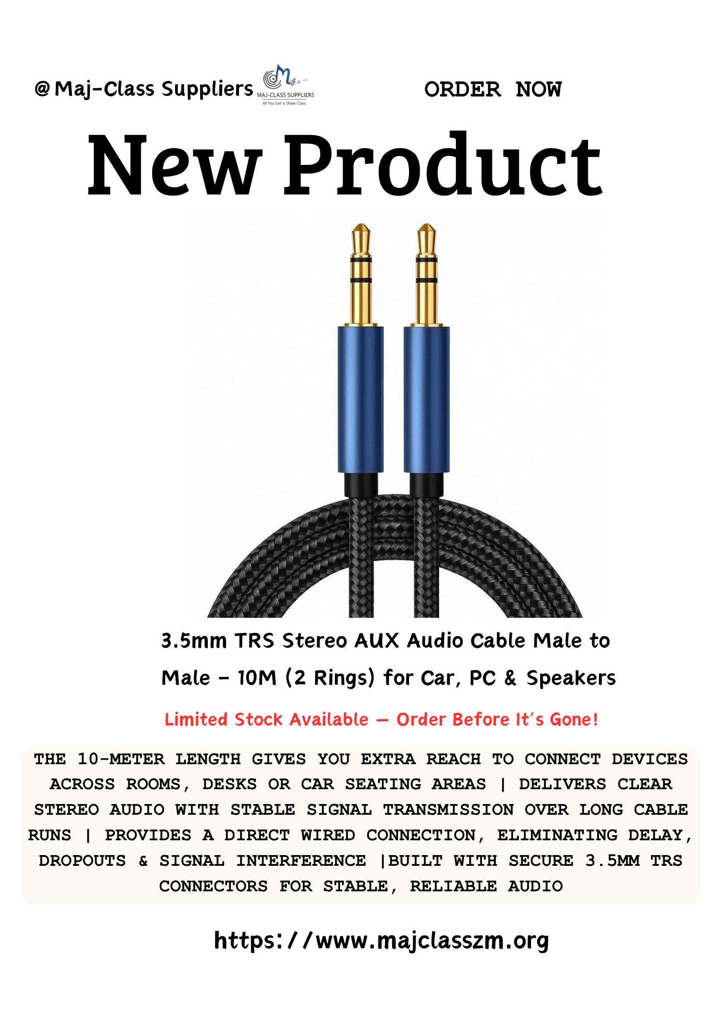 3.5mm TRS AUX audio cable 10m male to male stereo with 2 rings for connecting phones, PCs, speakers and car audio systems with long-distance clear sound in Lusaka, Zambia.