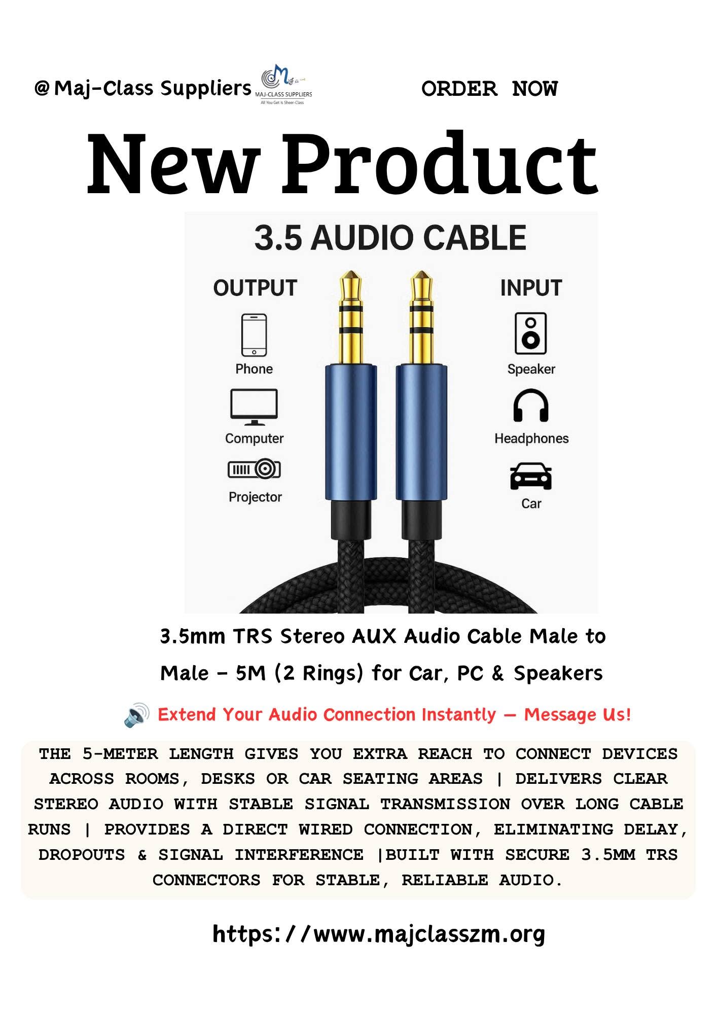 3.5mm TRS AUX audio cable 5m male to male stereo with 2 rings for connecting phones, PCs, speakers and car audio systems for clear sound in Lusaka, Zambia.