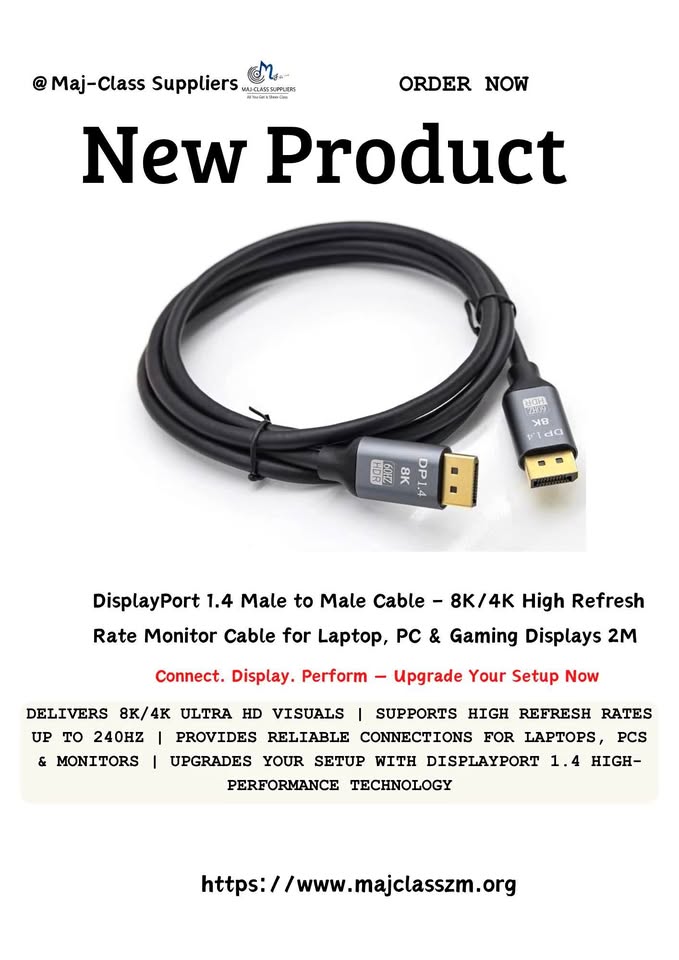 DisplayPort 1.4 male to male 8K 4K high refresh rate monitor cable for laptop, PC and gaming monitors in Lusaka Zambia