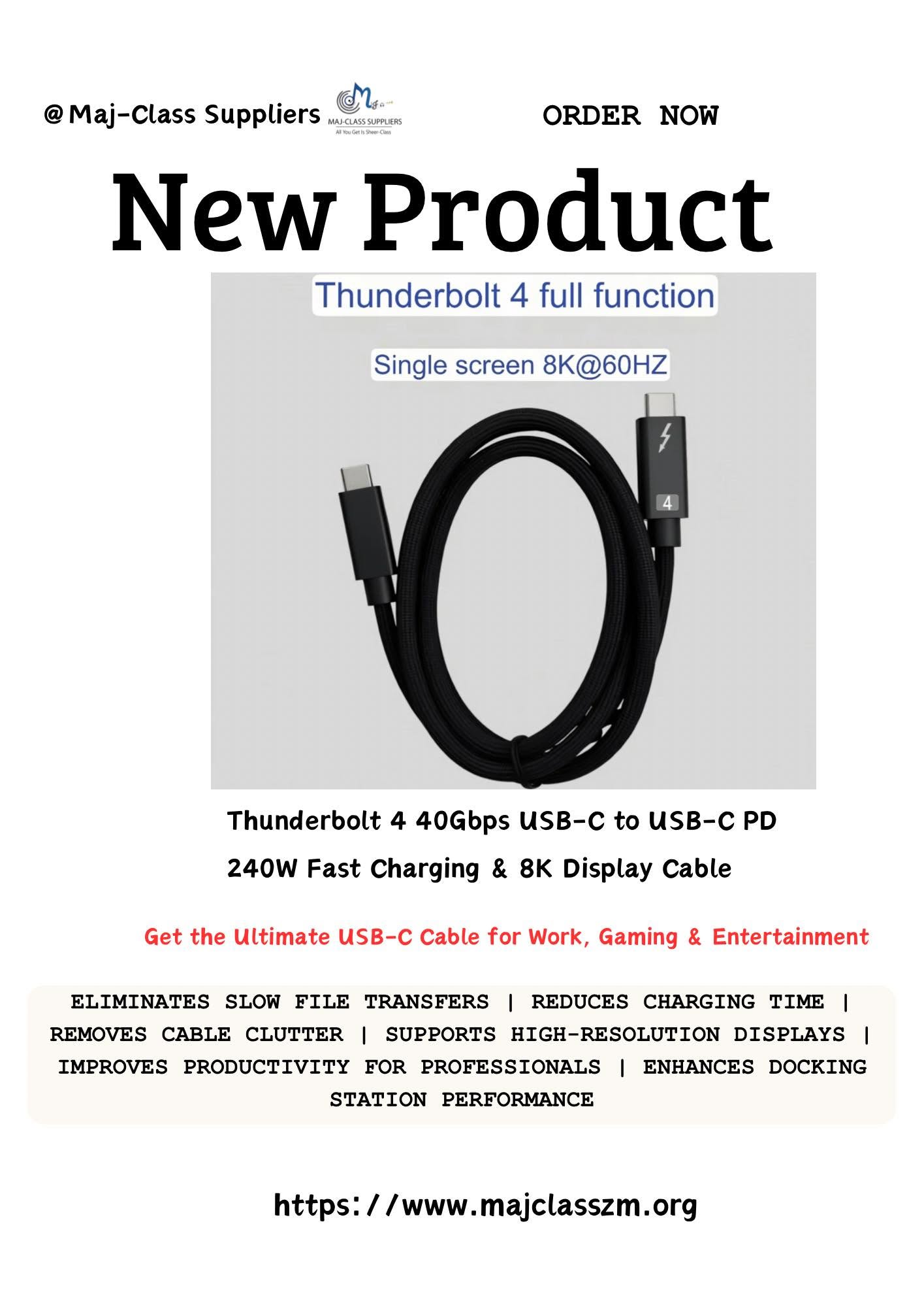 Thunderbolt 4 USB-C to USB-C cable supporting 40Gbps data transfer, 240W fast charging and 8K display output for laptops, monitors and compatible devices in Lusaka, Zambia.