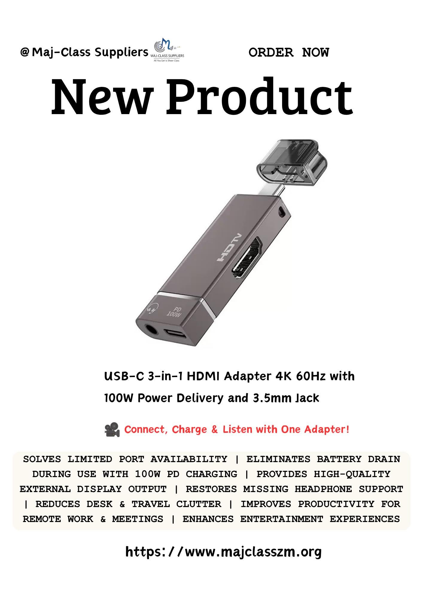 USB-C 3-in-1 HDMI adapter with 4K 60Hz output, 100W Power Delivery charging, and 3.5mm audio jack for laptops, monitors, and USB-C devices in Lusaka, Zambia.