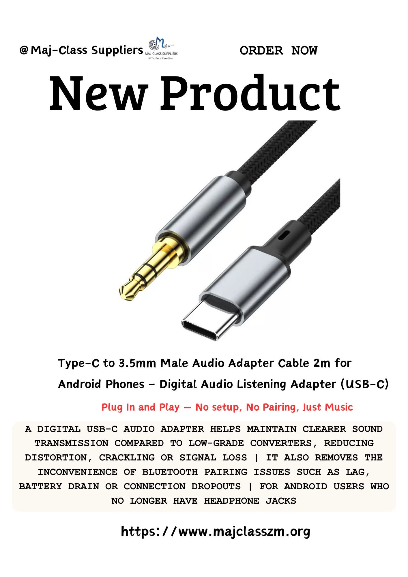 USB-C to 3.5mm audio adapter cable 2m with digital DAC chip for Android phones, connecting headphones, speakers and car AUX systems in Lusaka, Zambia.