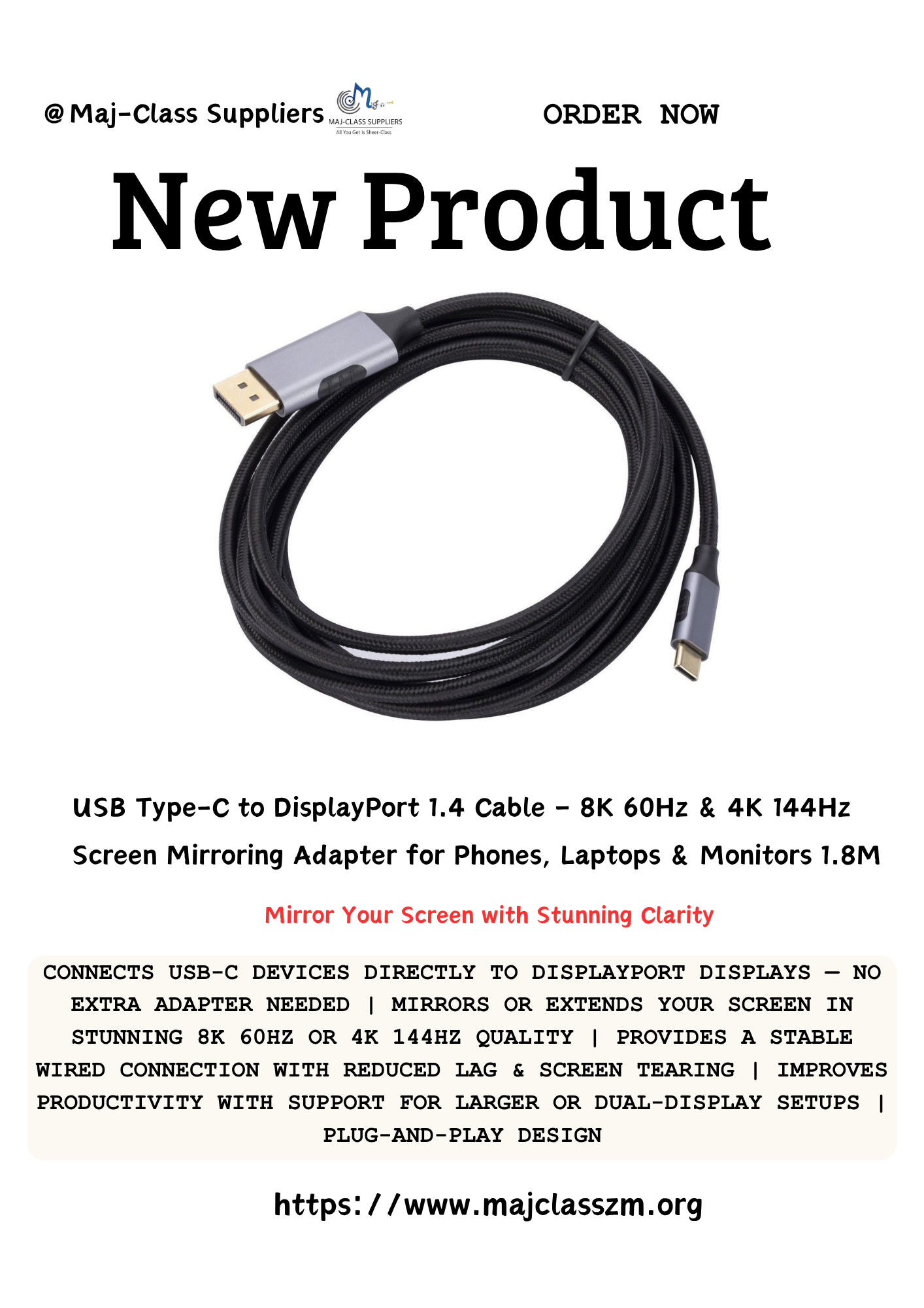 USB Type-C to DisplayPort 1.4 Cable 1.8M supporting 8K 60Hz and 4K 144Hz screen mirroring for laptops, phones and monitors