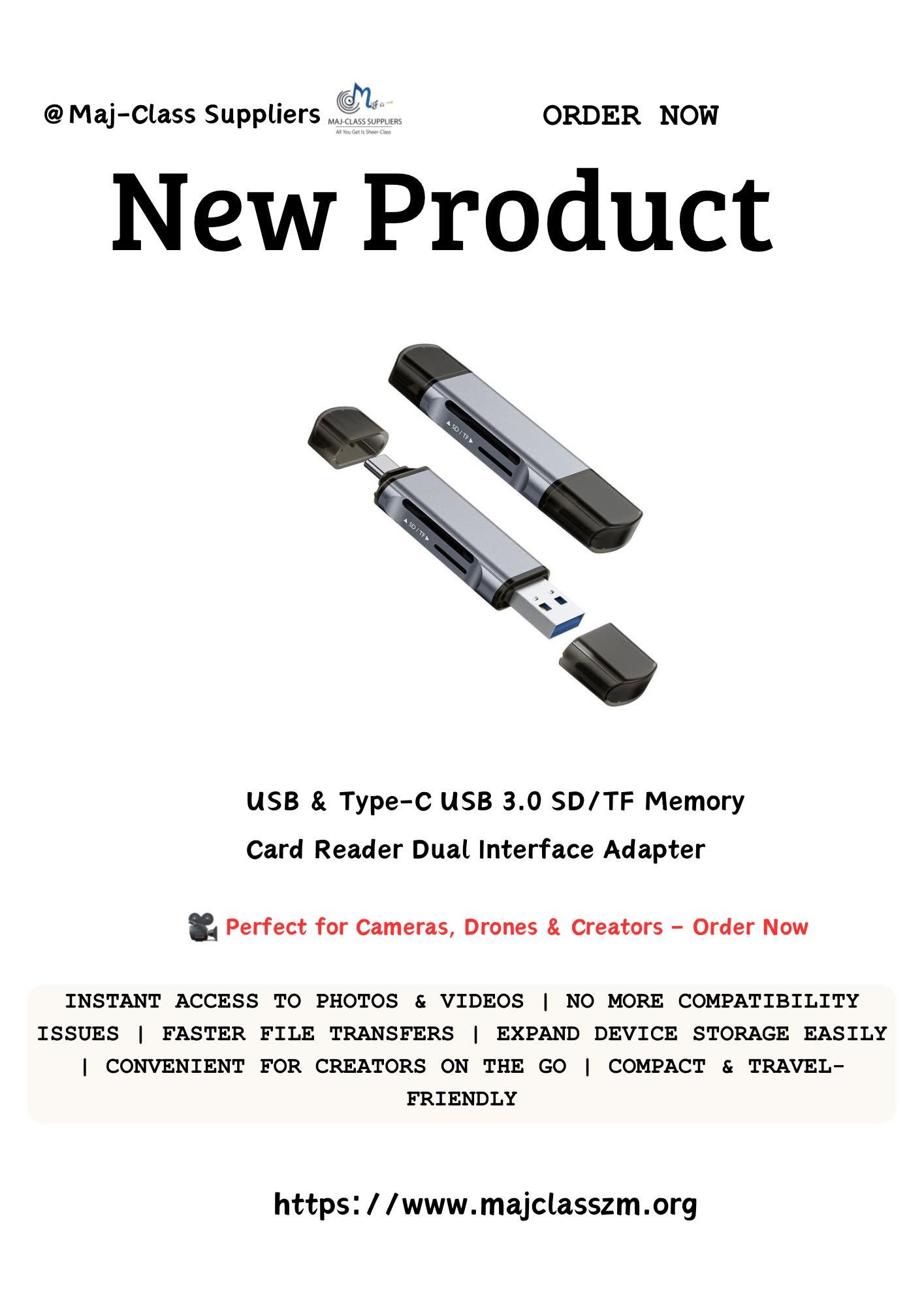 USB 3.0 and Type-C SD/TF memory card reader adapter for fast file transfer from SD and microSD cards to laptops, PCs, and mobile devices in Lusaka, Zambia.