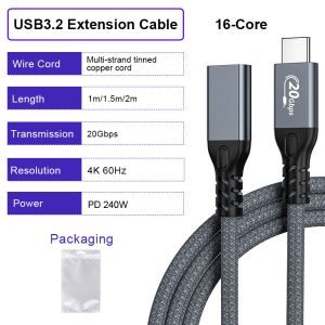 USB 3.2 male to female extension cable 20Gbps 4K 60Hz PD 100W