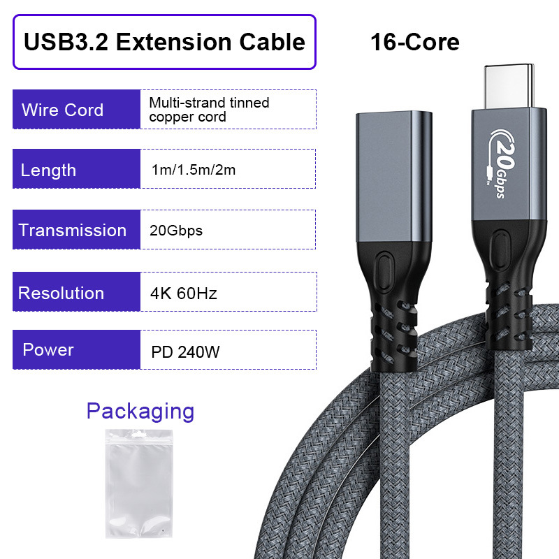 USB 3.2 male to female extension cable 20Gbps 4K 60Hz PD 100W